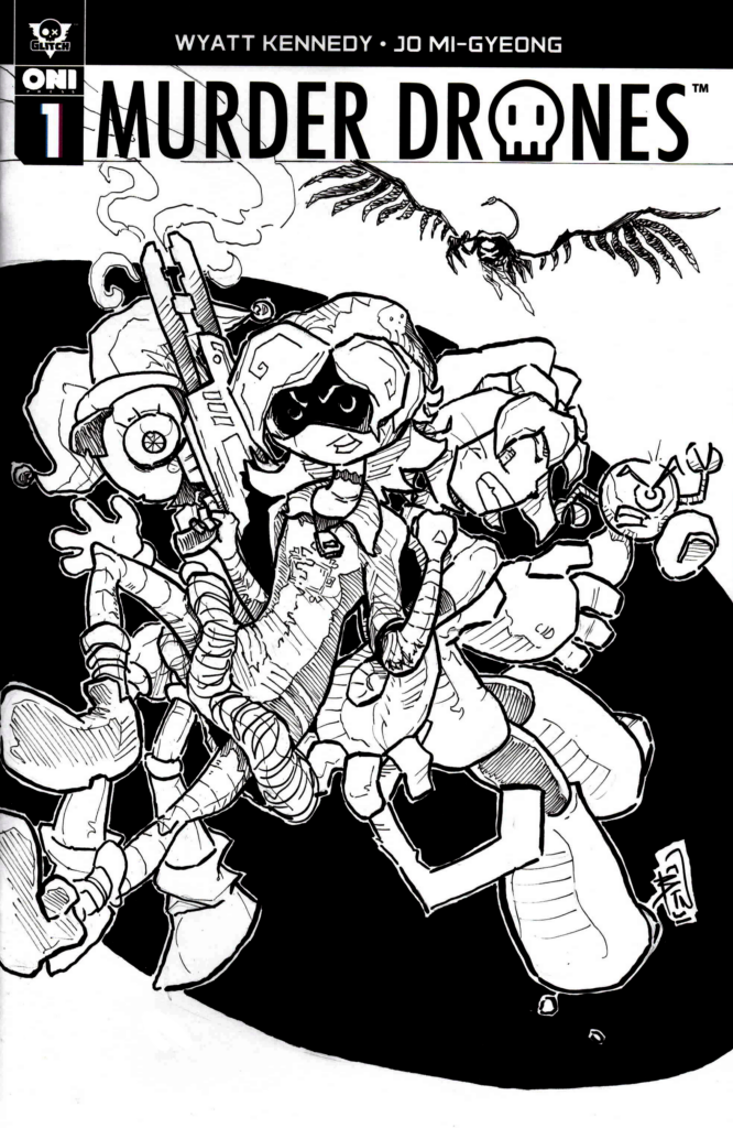 Murder Drones Oni Comic Sketch Cover by Bret Norwood with Uzi, Kit from Gameoverse, and Pomni from TADC